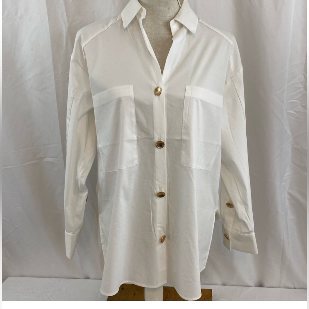 MAGASCHONI OVERSIZED WHITE TUNIC BLOUSE WITH GOLD BUTTONS SIZE MEDIUM